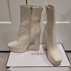 GUESS Byra Ivory Platform Block Heel Ankle Boots